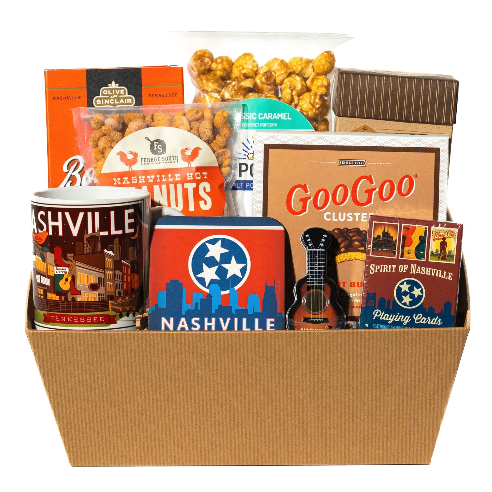 collection of snacks mug, coaster, mints and playing cards in a gift basket.