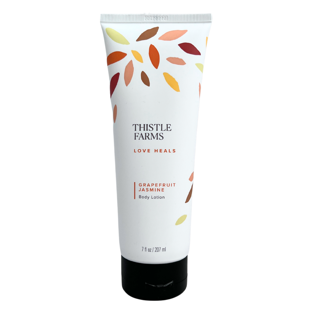 7 fl oz Grapefruit Jasmine body lotion in squeeze tube with flip cap. 
