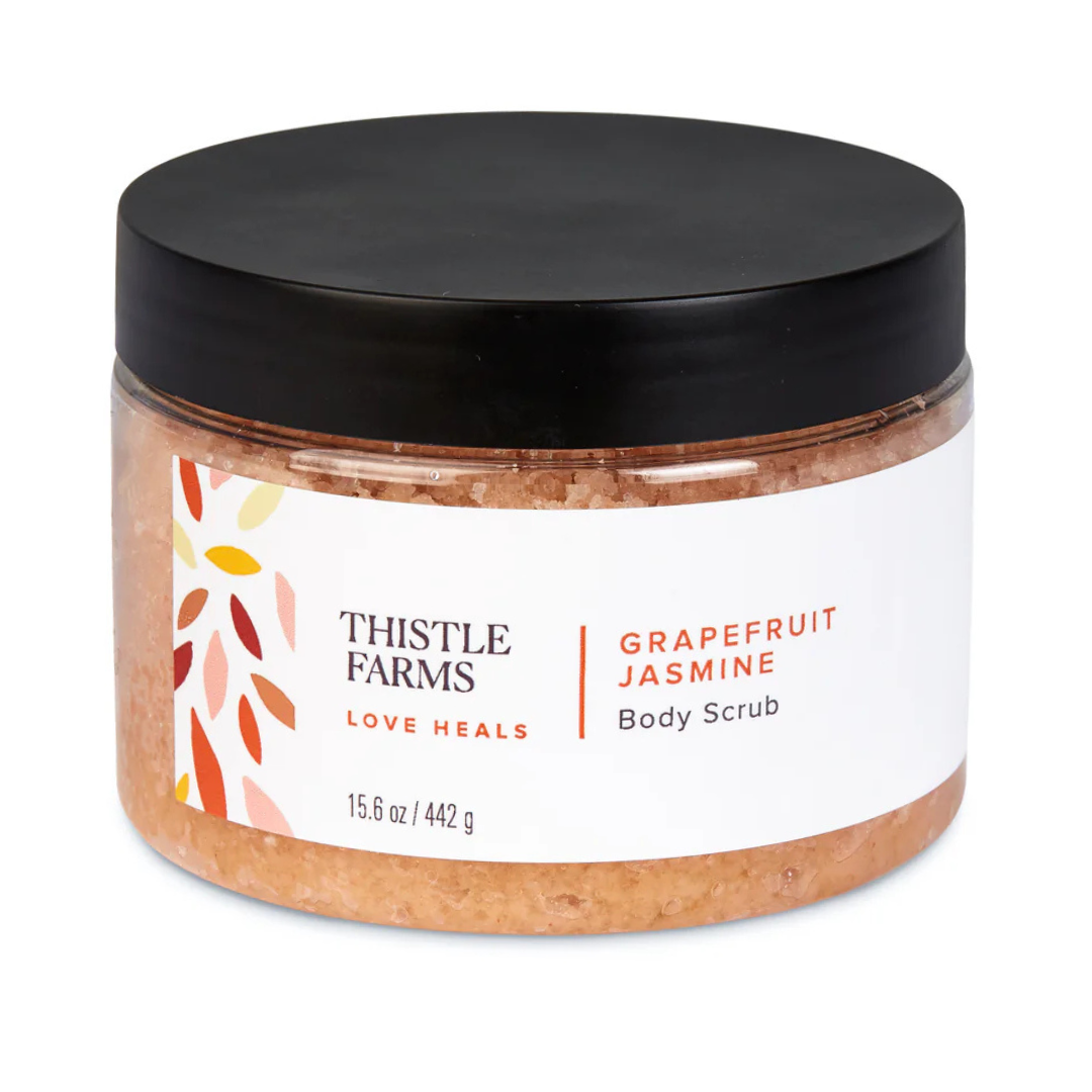 15.6 oz Grapefruit Jasmine body scrub, in plastic container with re-sealable lid. 