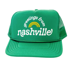 Kelly Green foamy trucker style hat with mesh sides, "Greetings From Nashville".
