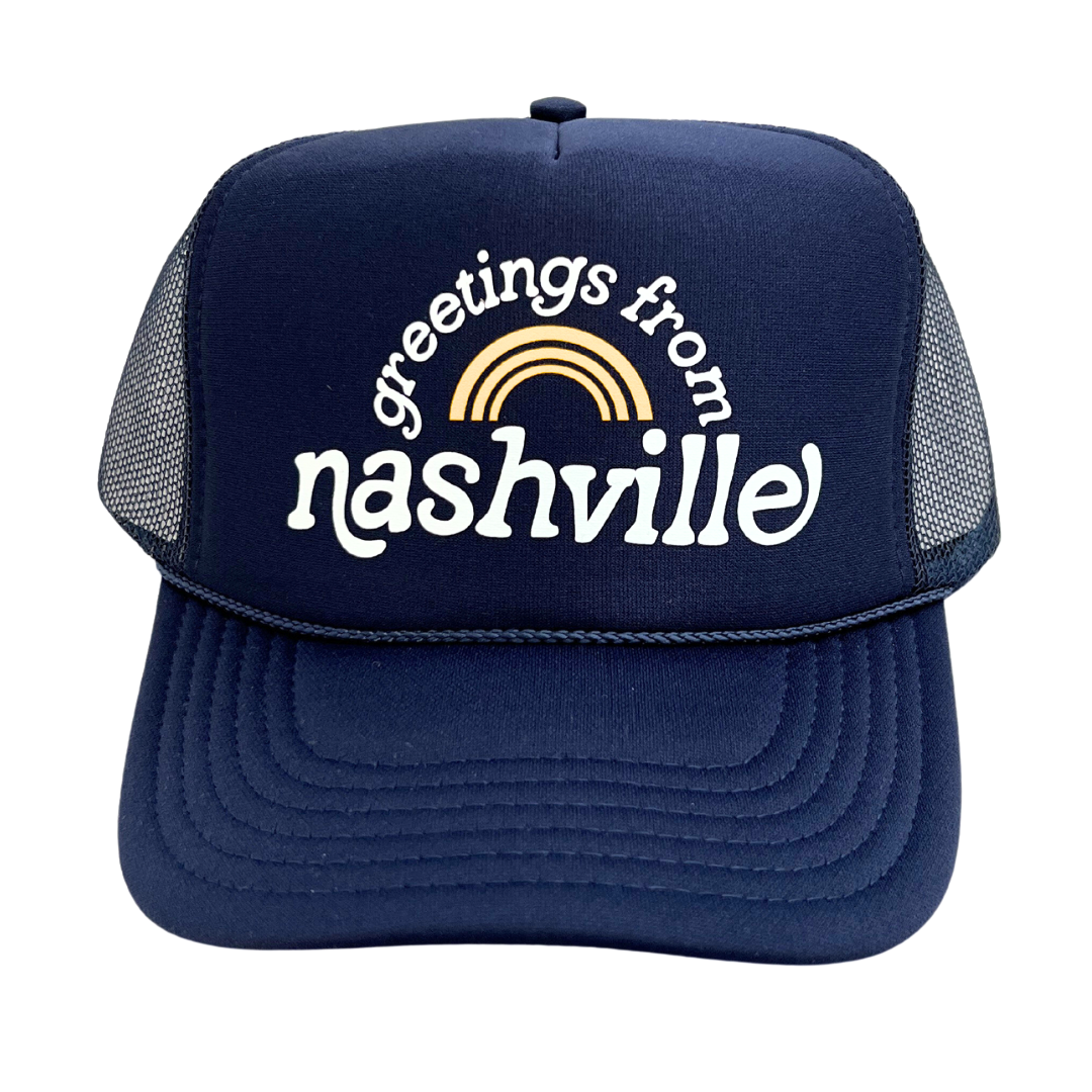 Navy foamy trucker style hat with mesh sides, "Greetings From Nashville".