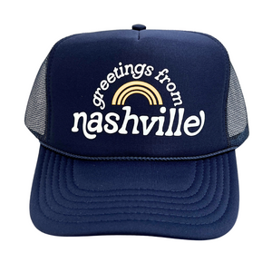 Navy foamy trucker style hat with mesh sides, "Greetings From Nashville".