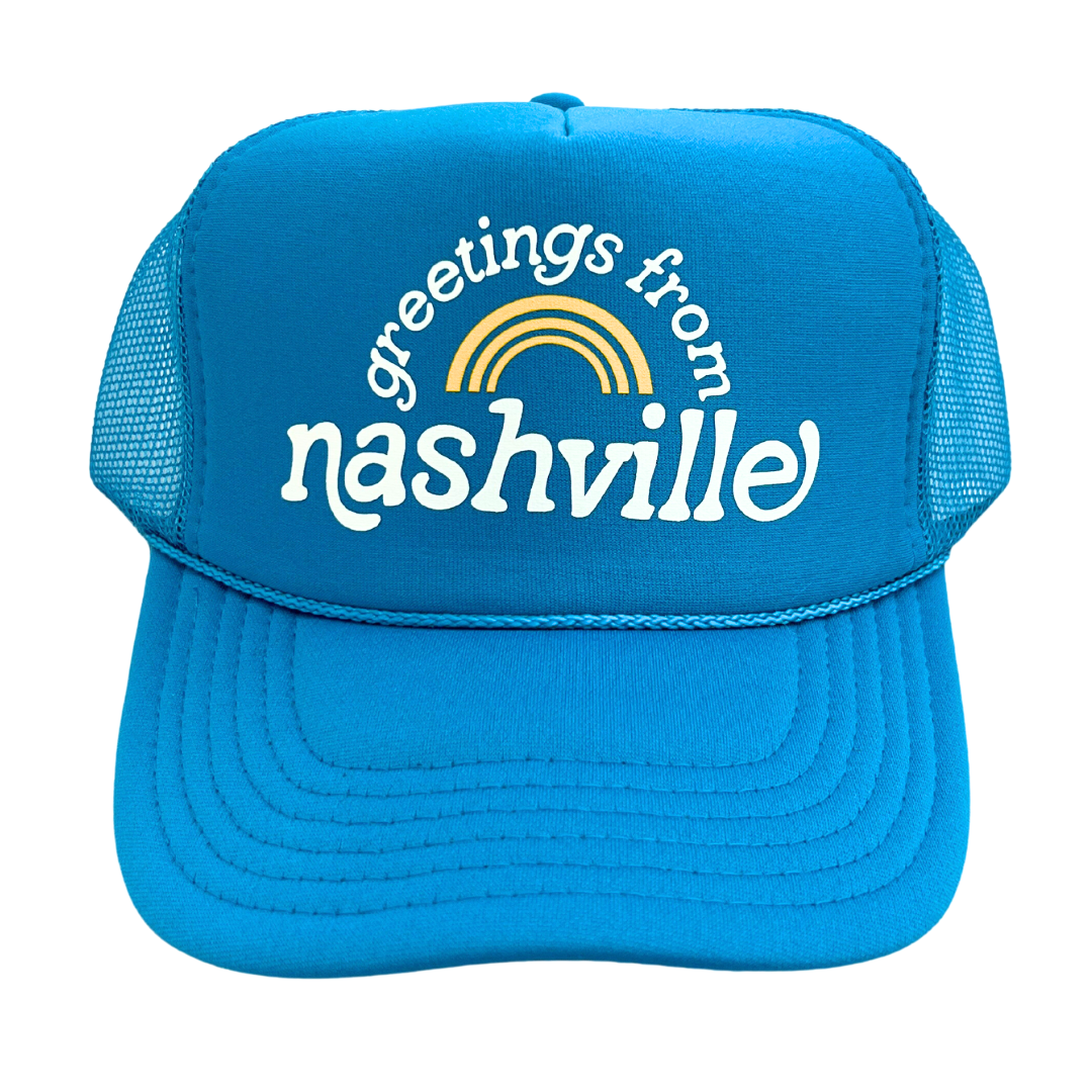 Turquoise foamy trucker style hat with mesh sides, "Greetings From Nashville".