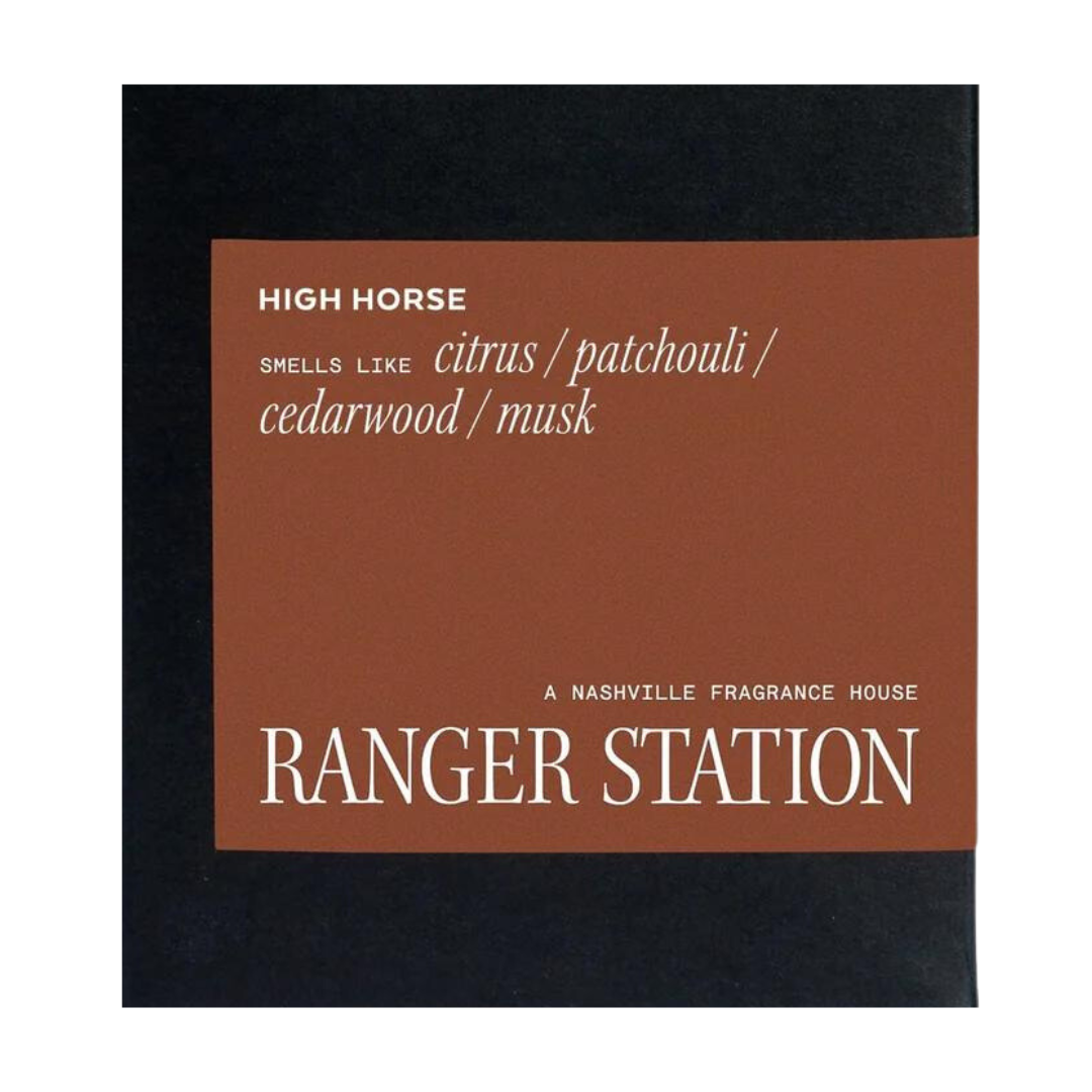 "High Horse" candle smells like citrus, patchouli, cedarwood, and musk. Ranger Station, a Nashville Fragrance House. Hand-poured in Nashville, Tennessee.