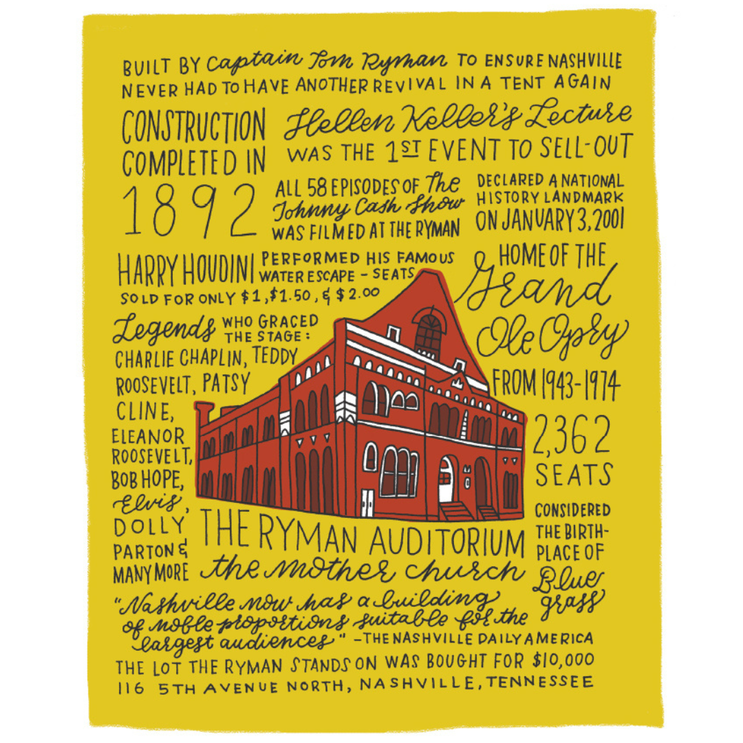 This 11x14 art print is great for anyone interested in the history of the famous Ryman Auditorium. Features all kinds of neat facts that'll have your guests reading it!