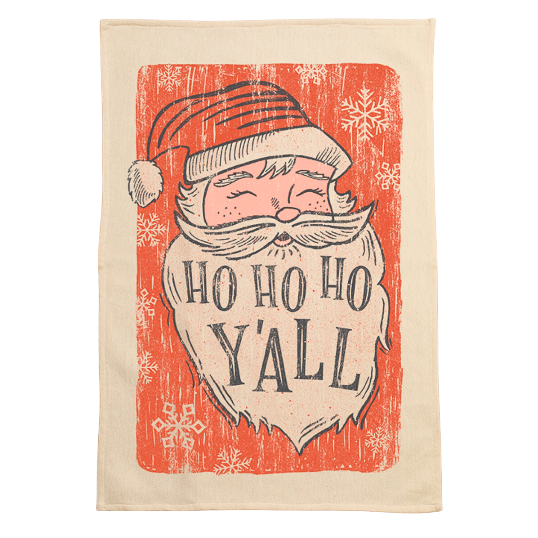 happy santa screen printed on cotton kitchen towel in pink  and red.