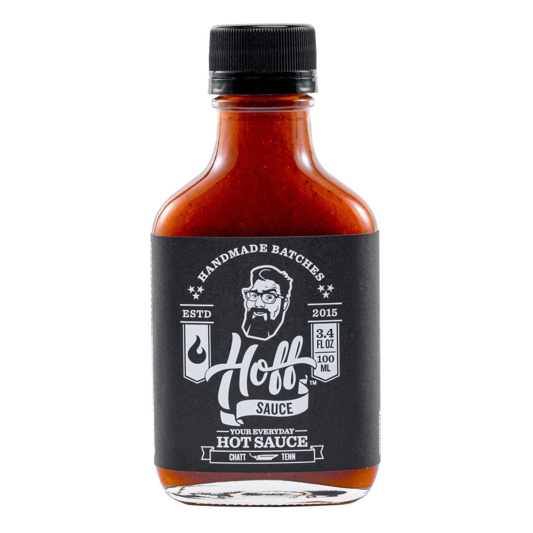 3.4 oz hoff hot sauce in glass bottle with black label. 