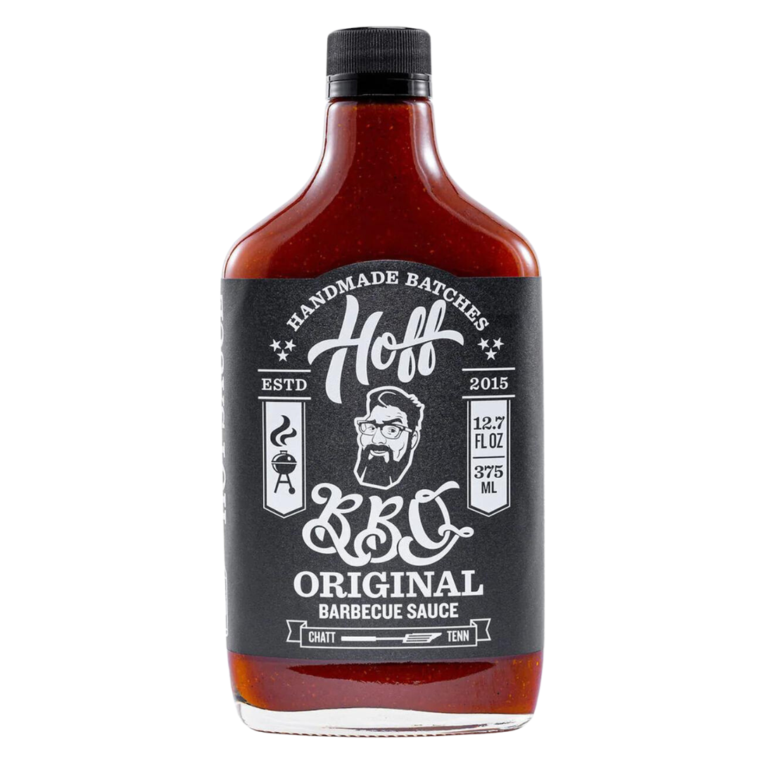 12.7 oz glass bottle of bbq sauce with black label.