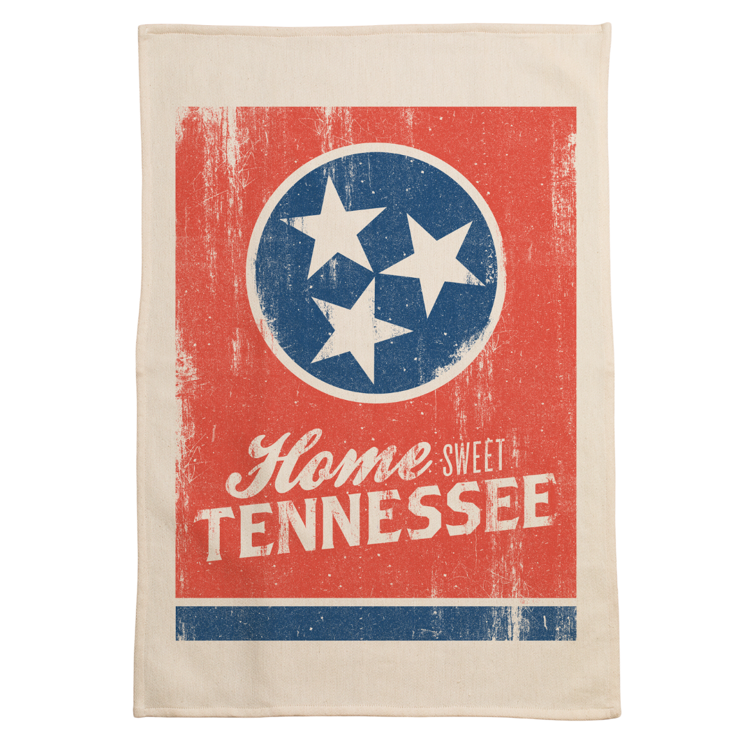 screen printed on cotton kitchen towel in red and blue, "home sweet tennessee" 