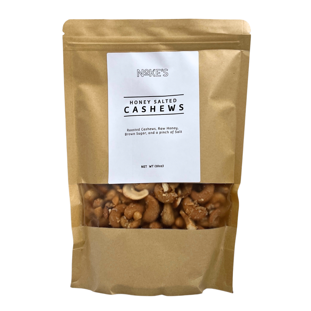 "Honey Salted Cashews" from Nokes. Lists ingredients and source location.