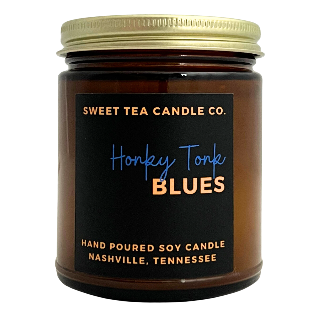 Sweet Tea Candle Company. Honky Tonk Blues scents. Hand poured soy candle in Nashville, Tennessee.