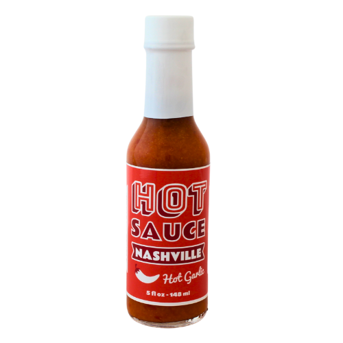 5 oz glass bottle of Hot Garlic Hot Sauce.
