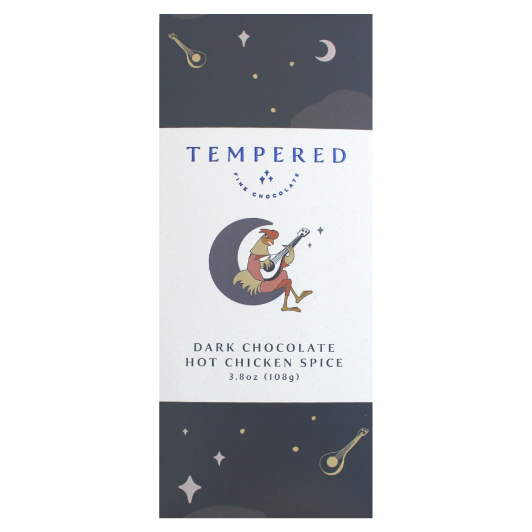 Tempered Chocolate Bar, dark chocolate hot chicken spice. 3.8 oz. 