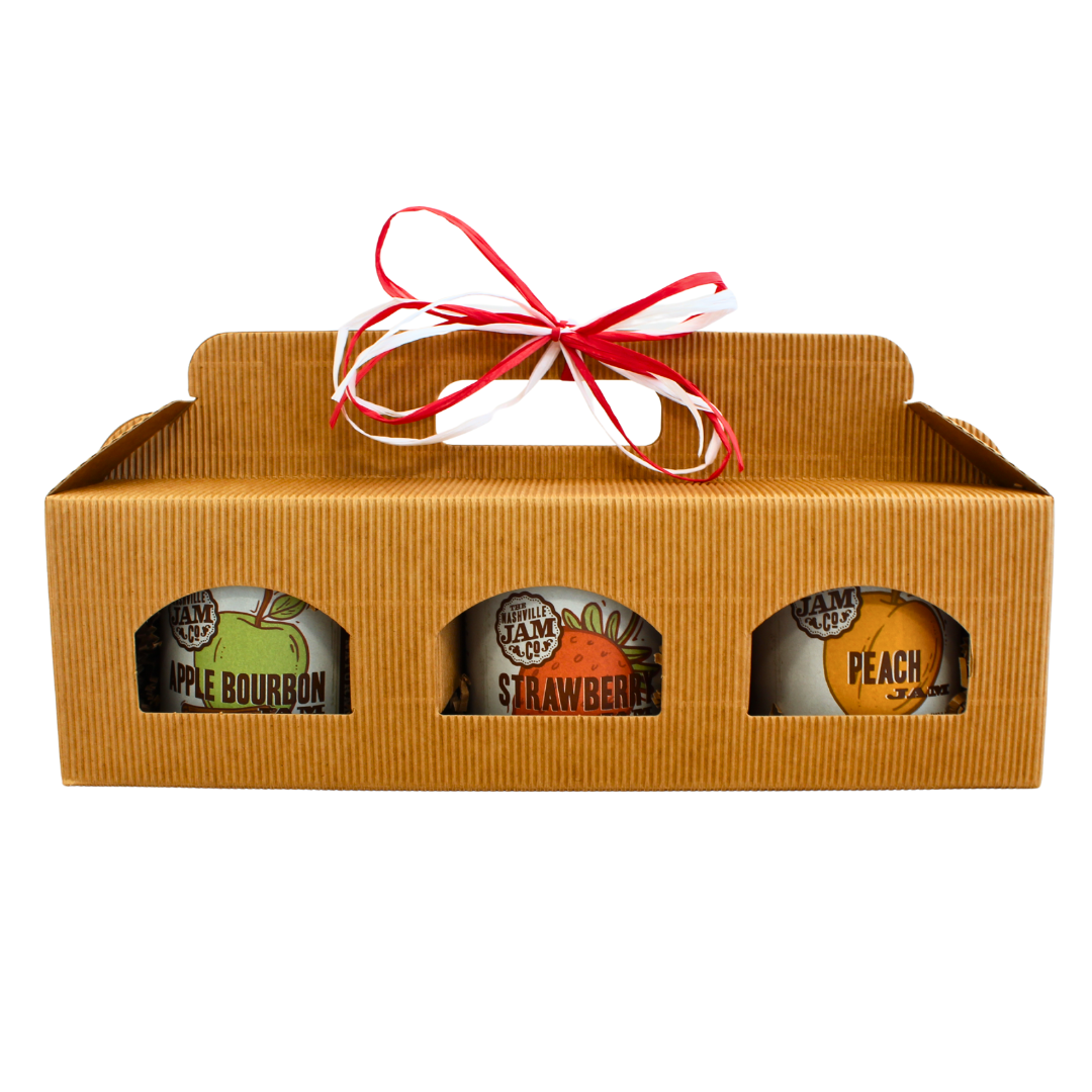 set of 3 jams, apple bourbon, strawberry and peach. 