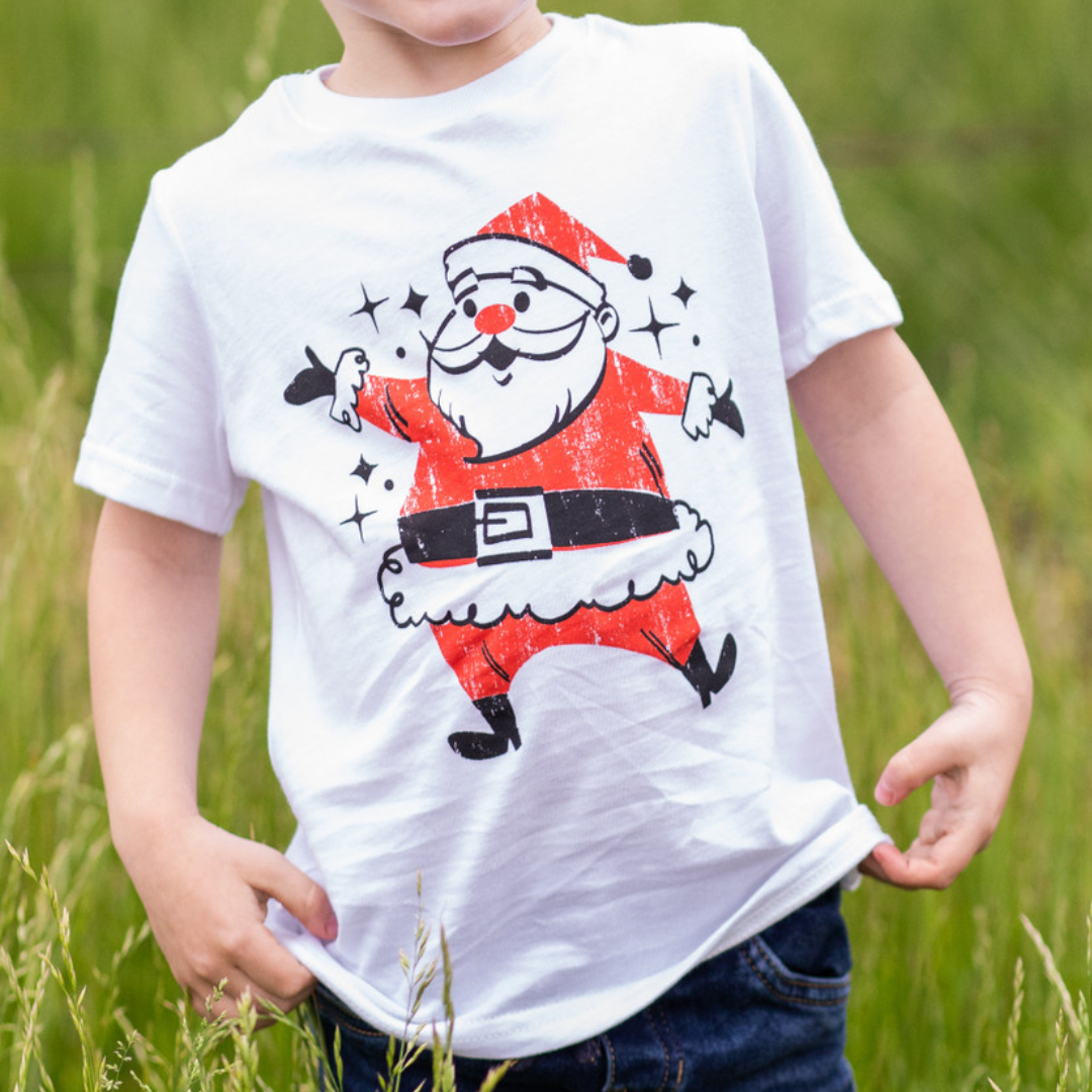 White toddler shirt with Santa screen-printed in red and black. 