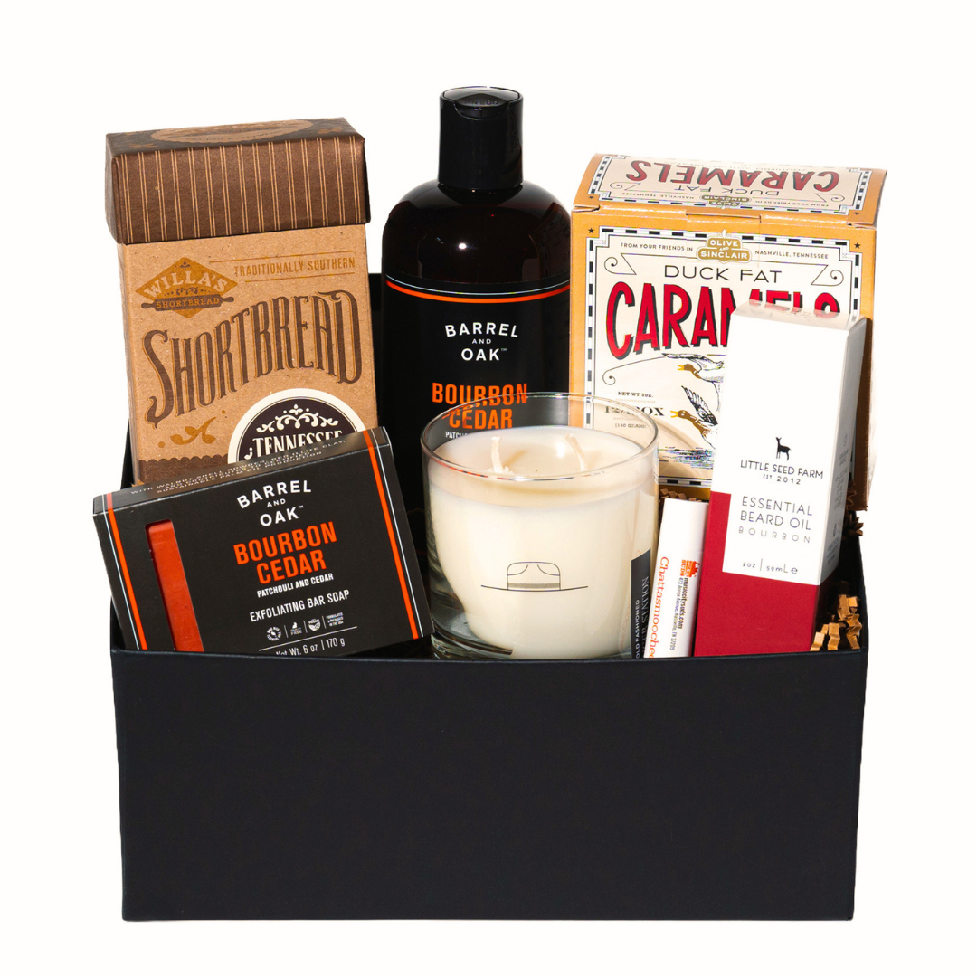 collection of sweets, soaps, candle, beard oil and lip balm, curated for him. 