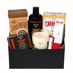 collection of sweets, soaps, candle, beard oil and lip balm, curated for him. 