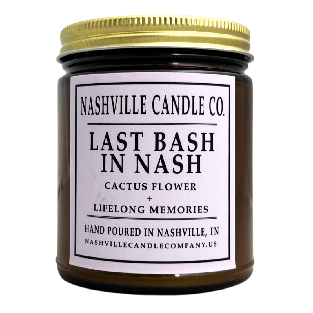 "Last Bash in Nash" candle, scented cactus flower and lifelong memories, amber glass jar with lid. 