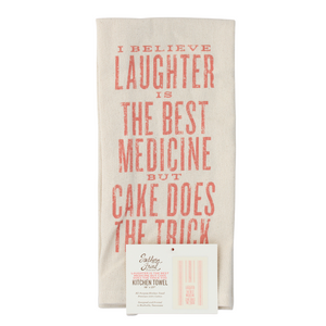 funny saying screen printed on cotton kitchen towel in pink.
