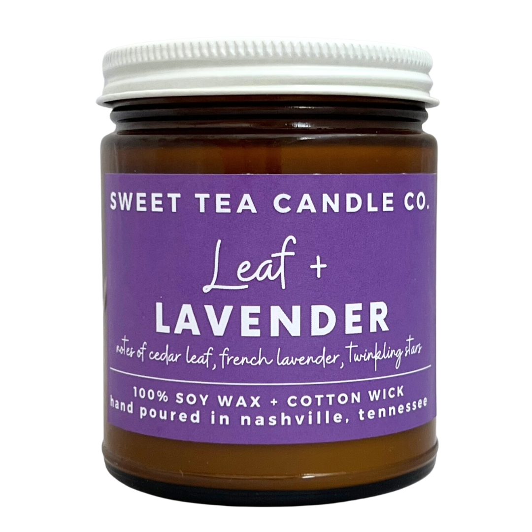 "Leaf + Lavender" candle from Sweet Tea Candle Company with notes of cedar leaf, french lavender, twinkling stars. 100% soy wax + cotton wick. Hand poured in Nashville, Tennessee.
