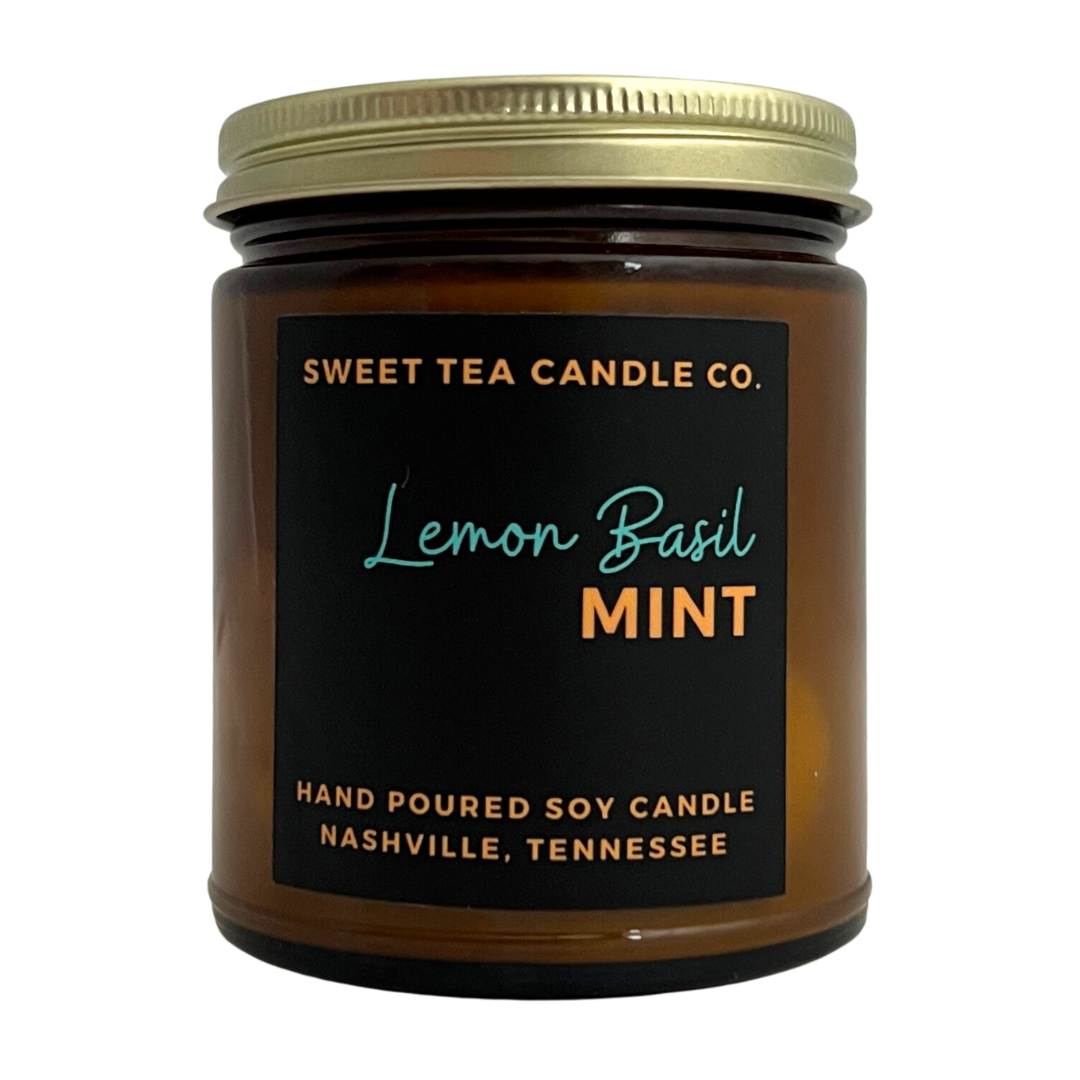 Sweet Tea Candle Company presents the lemon basil mint scented candle. Hand poured soy candle in Nashville, Tennessee. 