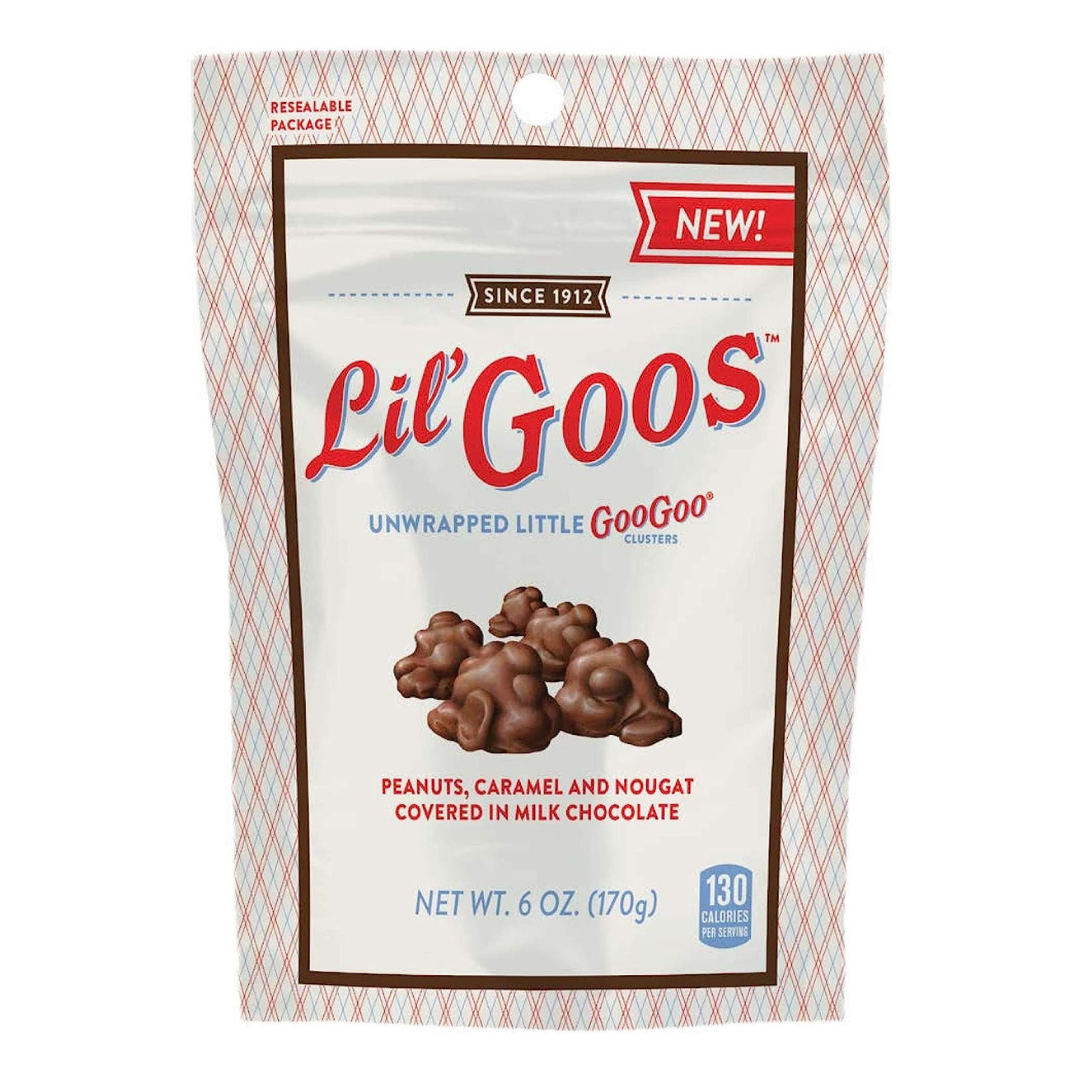 Bitesize GooGoo Cluster candy bar with marshmallow nougat caramel and peanuts covered in chocolate.