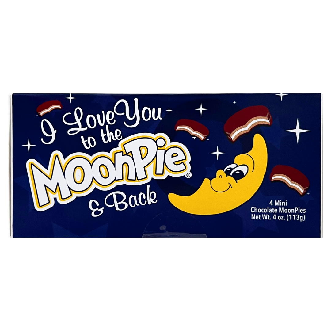 Gift box of 4 mini chocolate moonpies that says "I love you to the moonpie and back" navy packaging.
