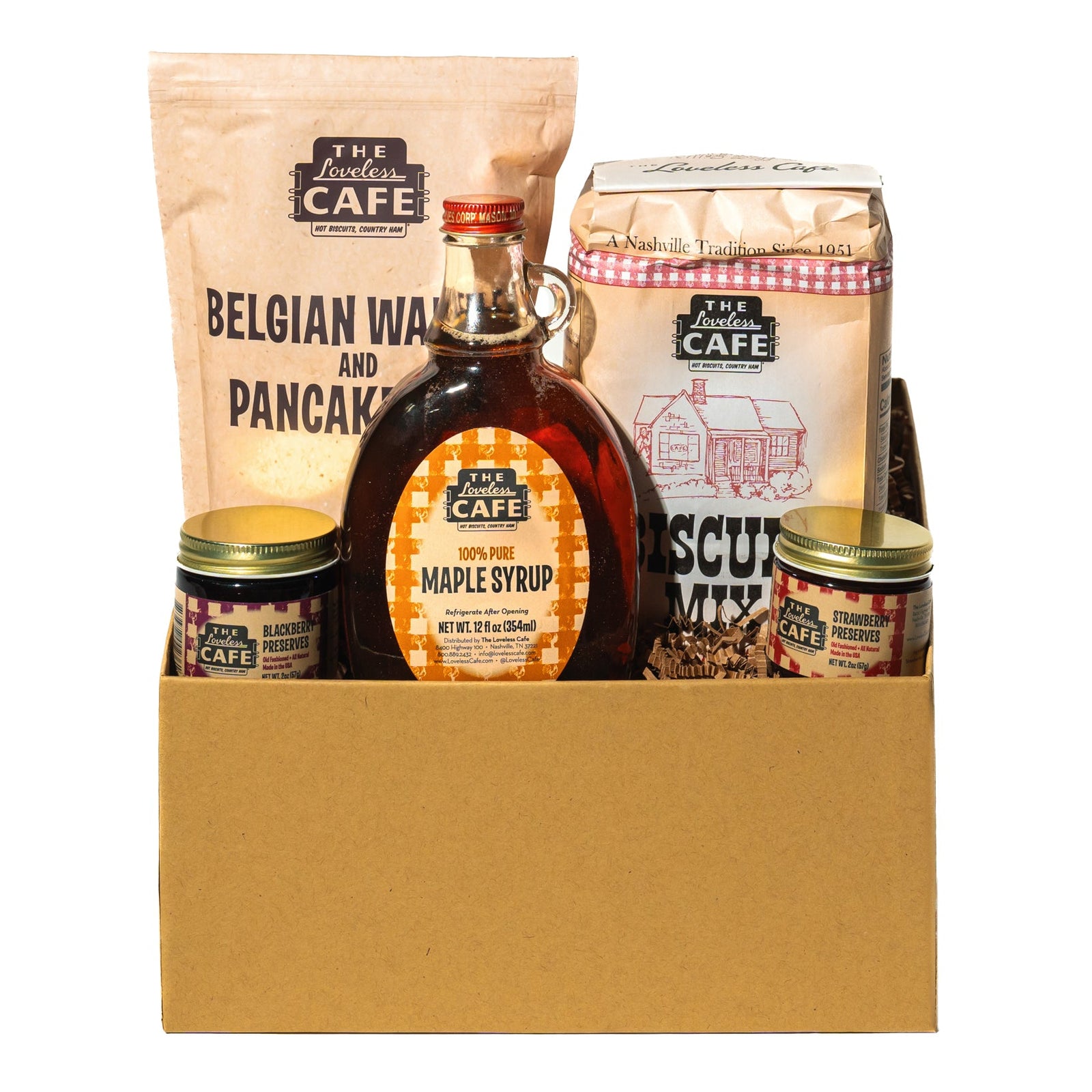 collection of items from the Loveless Caffe to make brunch at home; waffle or pancake mix, biscuit mix, syrup and preserves. 