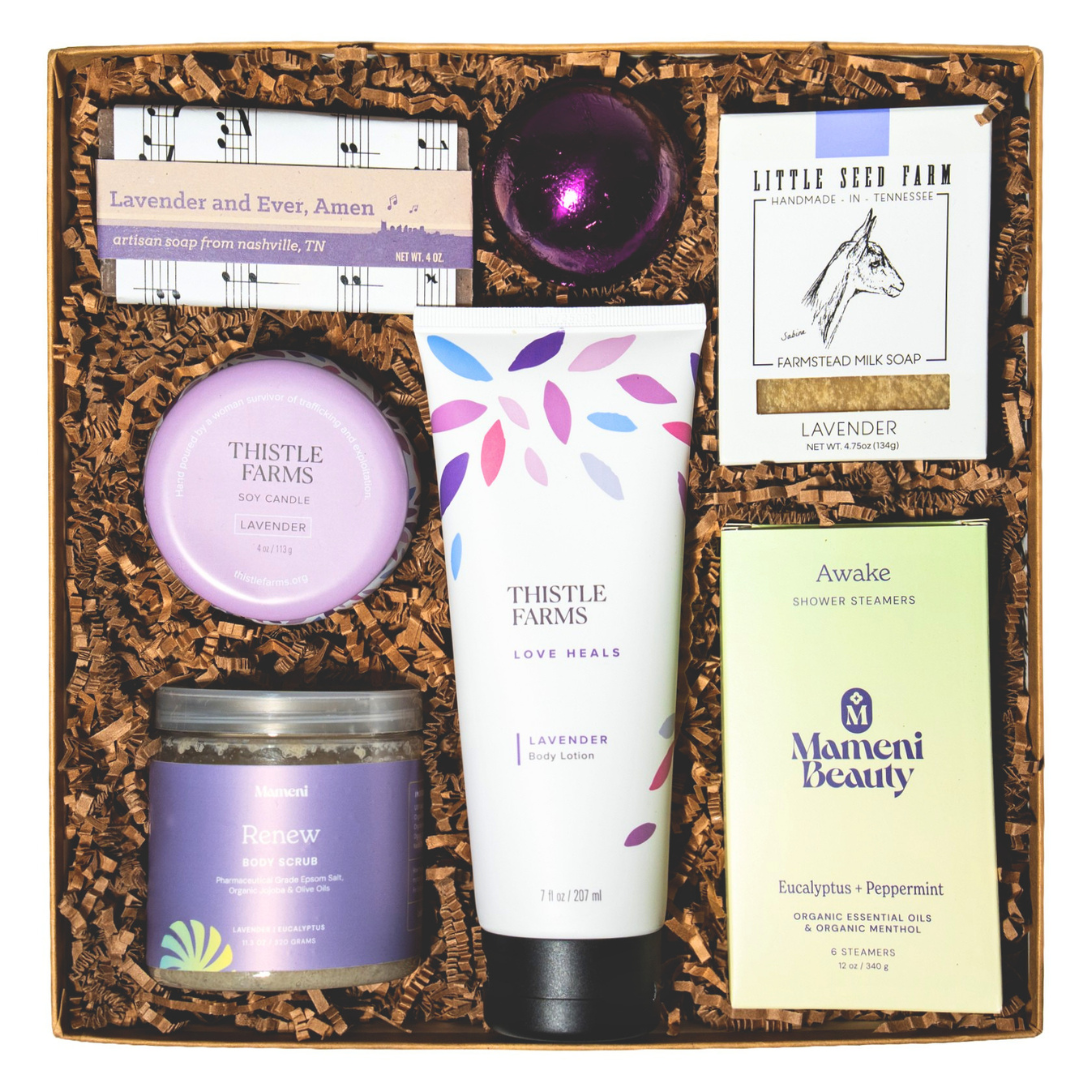 Collection of lavender scented self care and spa themed items. 