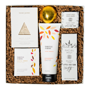 gift box of spa and self care items. 