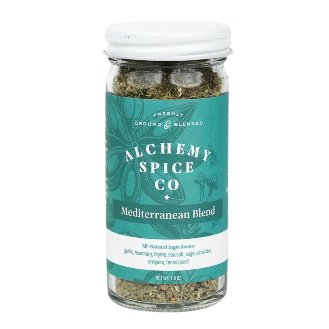 Mediterranean blend seasoning in a 1.8 oz transparent bottle. Has a teal label with some artwork of spices. Has a white lid. Label says Alchemy Spice Co, Mediterranean Blend, and lists the all-natural ingredients.