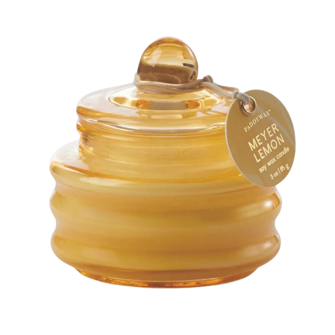 "Meyer Lemon" scented candle from Paddywax comes in a 3 oz beam glass. Poured in Nashville, Tennessee.