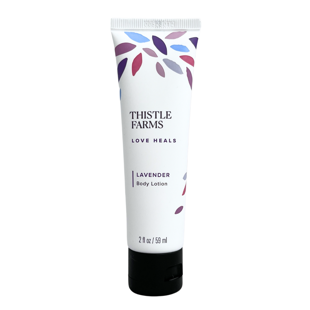 2 fl oz Lavender body lotion in squeeze tube with flip cap. 