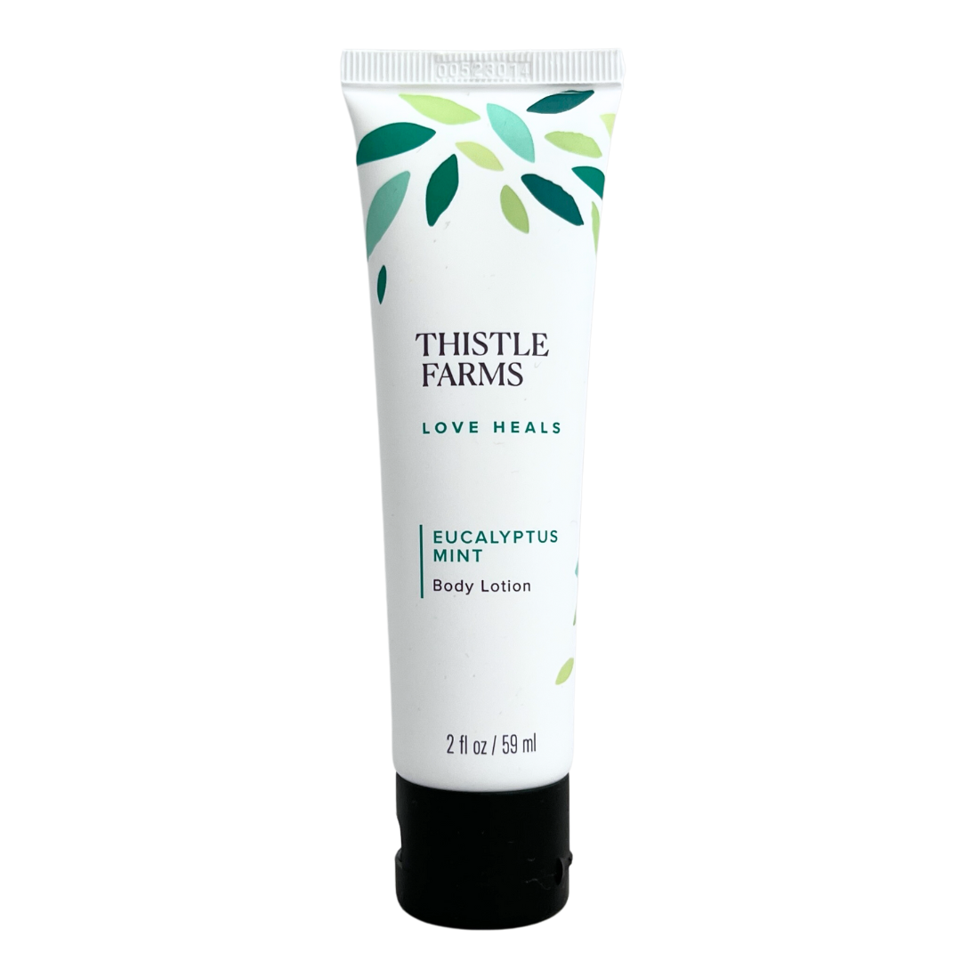2 fl oz Eucalyptus Mint body lotion in squeeze tube with flip cap. 
