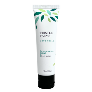 2 fl oz Eucalyptus Mint body lotion in squeeze tube with flip cap. 