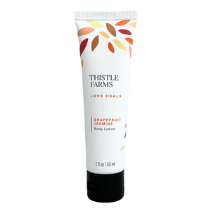 2 fl oz Grapefruit Jasmine body lotion in squeeze tube with flip cap. 