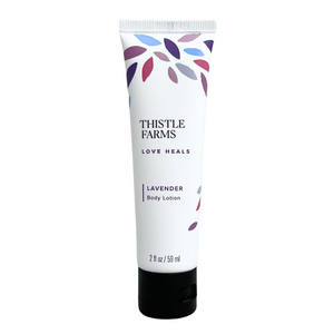 2 fl oz Lavender body lotion in squeeze tube with flip cap. 