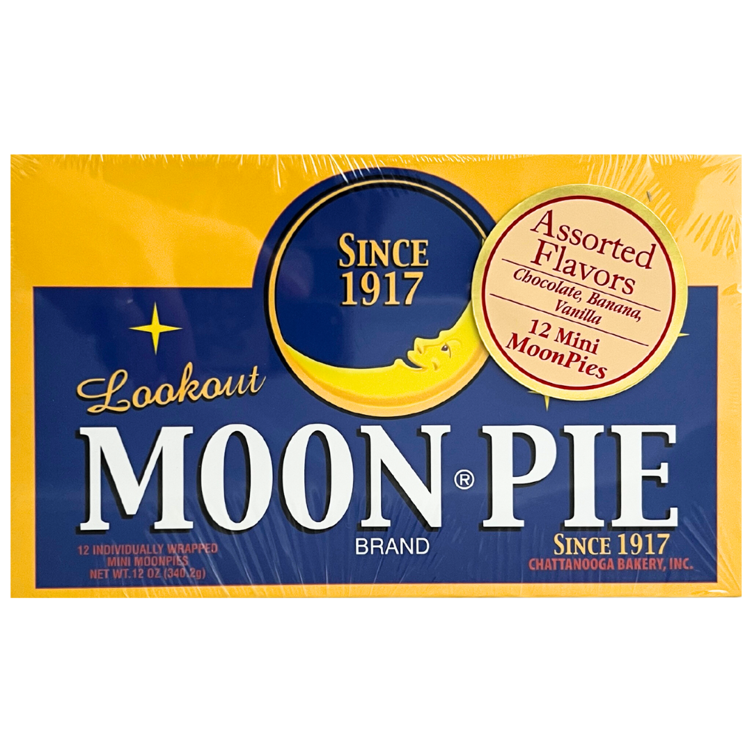 12 assorted flavors of min moonpies in yellow and blue retro styled collector cigar box. 