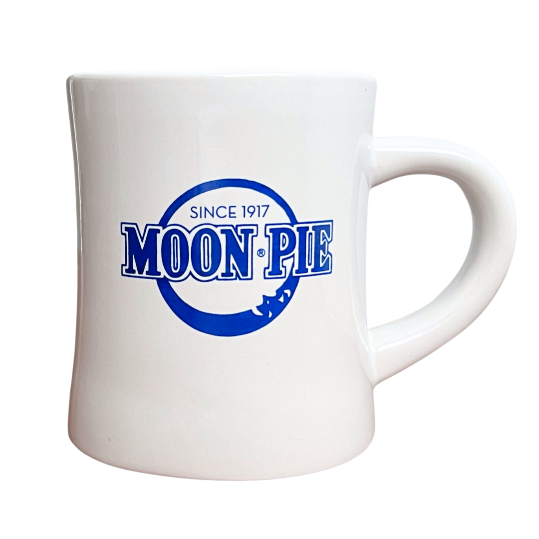 Old fashioned rounded white diner mug "Moon Pie since 1917" and a smiling moon in blue.