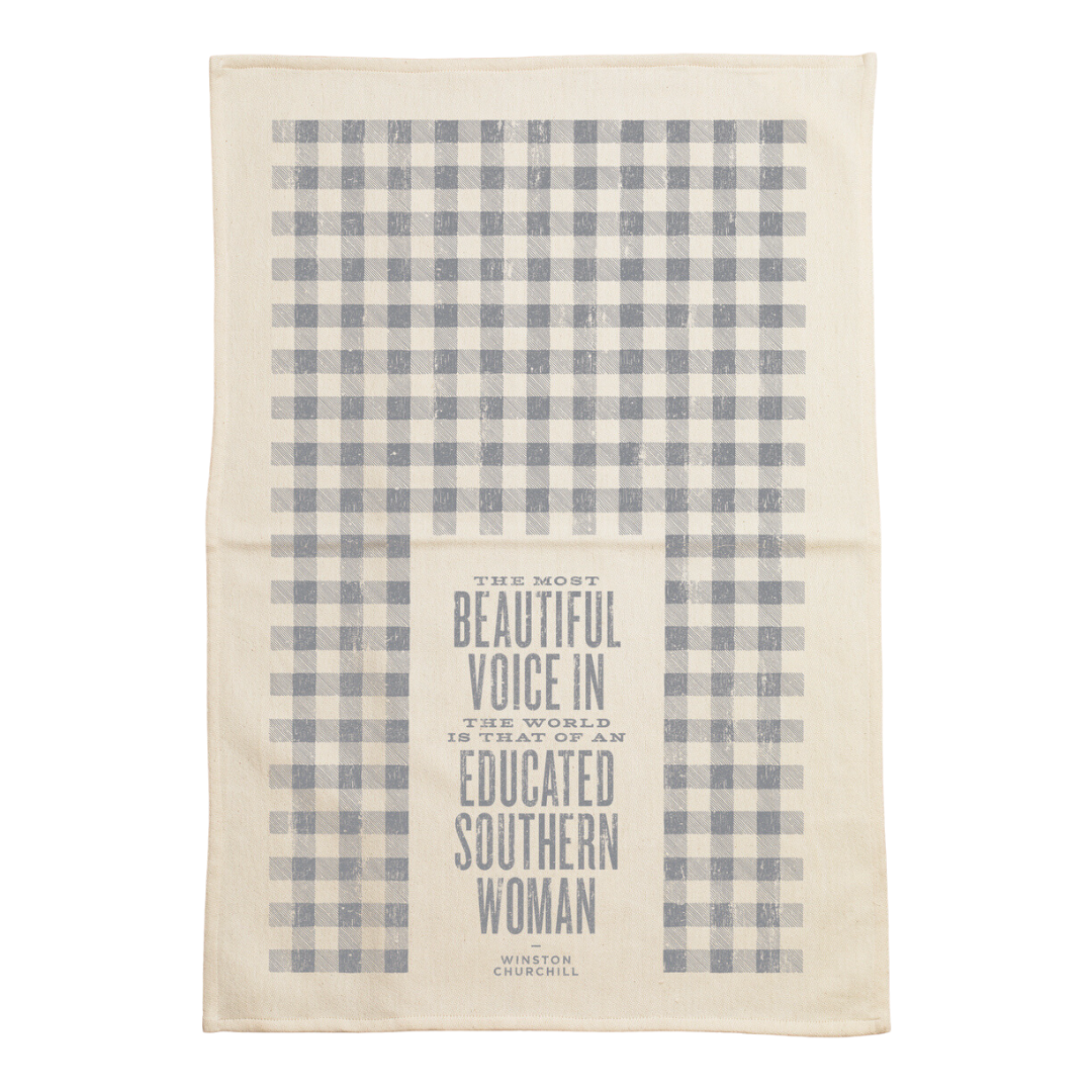 funny saying screen printed on cotton kitchen towel in grey.