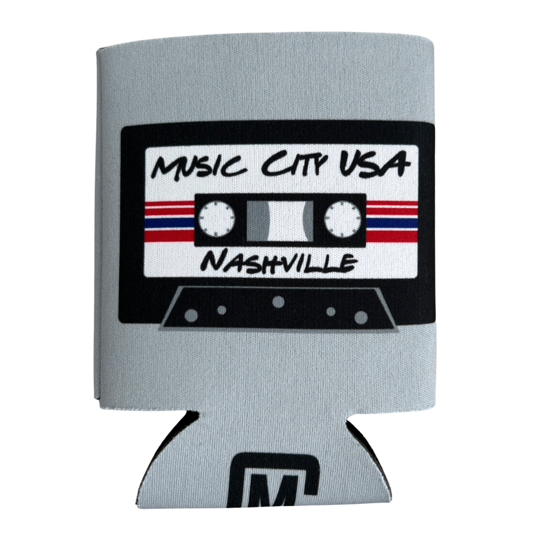 Music City cassette tape can hugger from Cotton Mule. Features an incredible design of Music City USA! Keeps your drink cold for hours. 