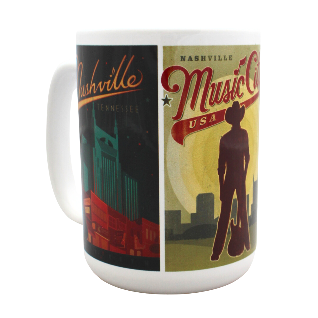 Nashville mug featuring different artwork. One side features the Batman building skyline at night. Another features Music City Man with a guitar.
