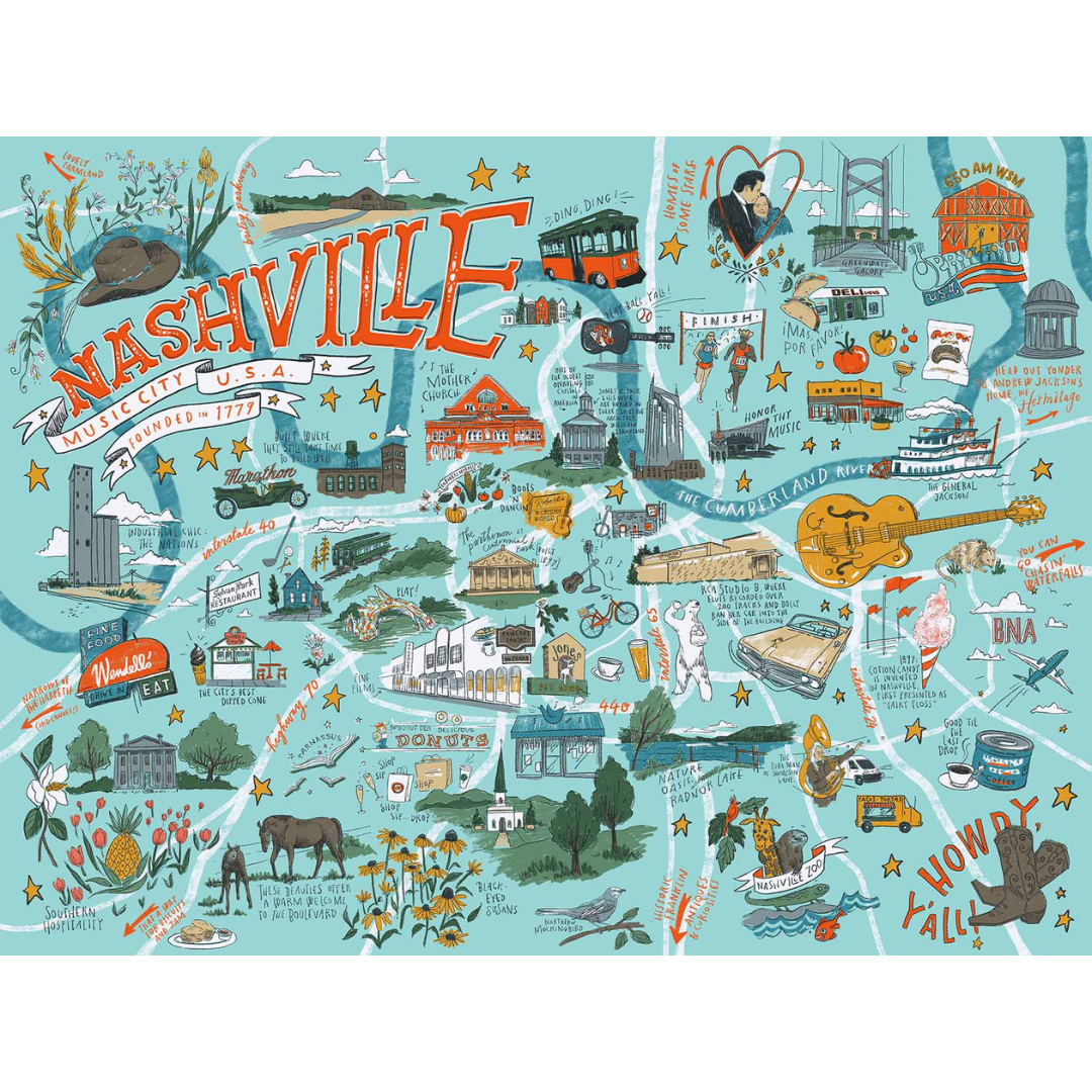 500 piece puzzle illustrated map of Nashville, TN. 