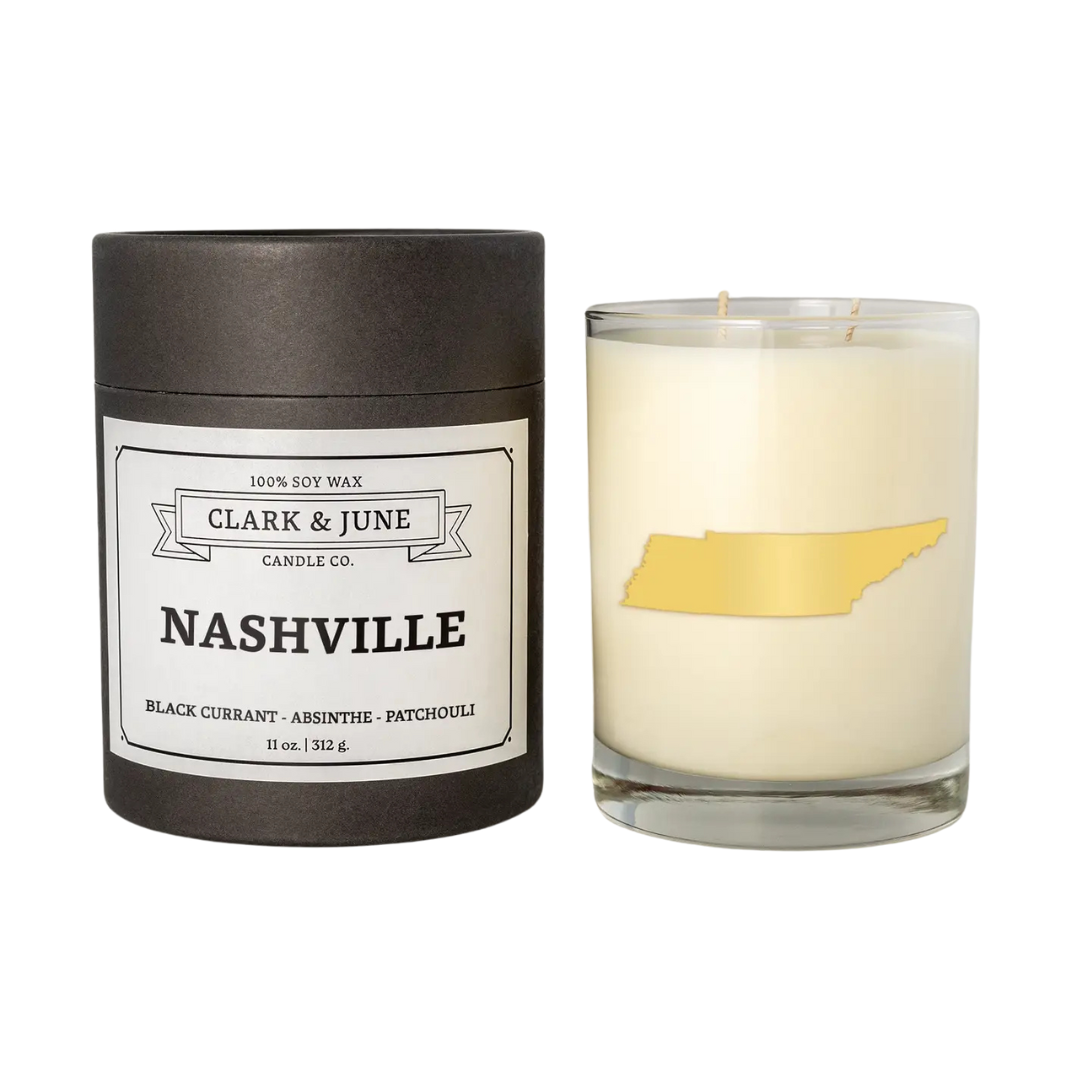 "Nashville candle" Scent Black Currant, Absinthe, and Patchouli. Comes in 11 oz glass with gift box or 8 oz black tin.