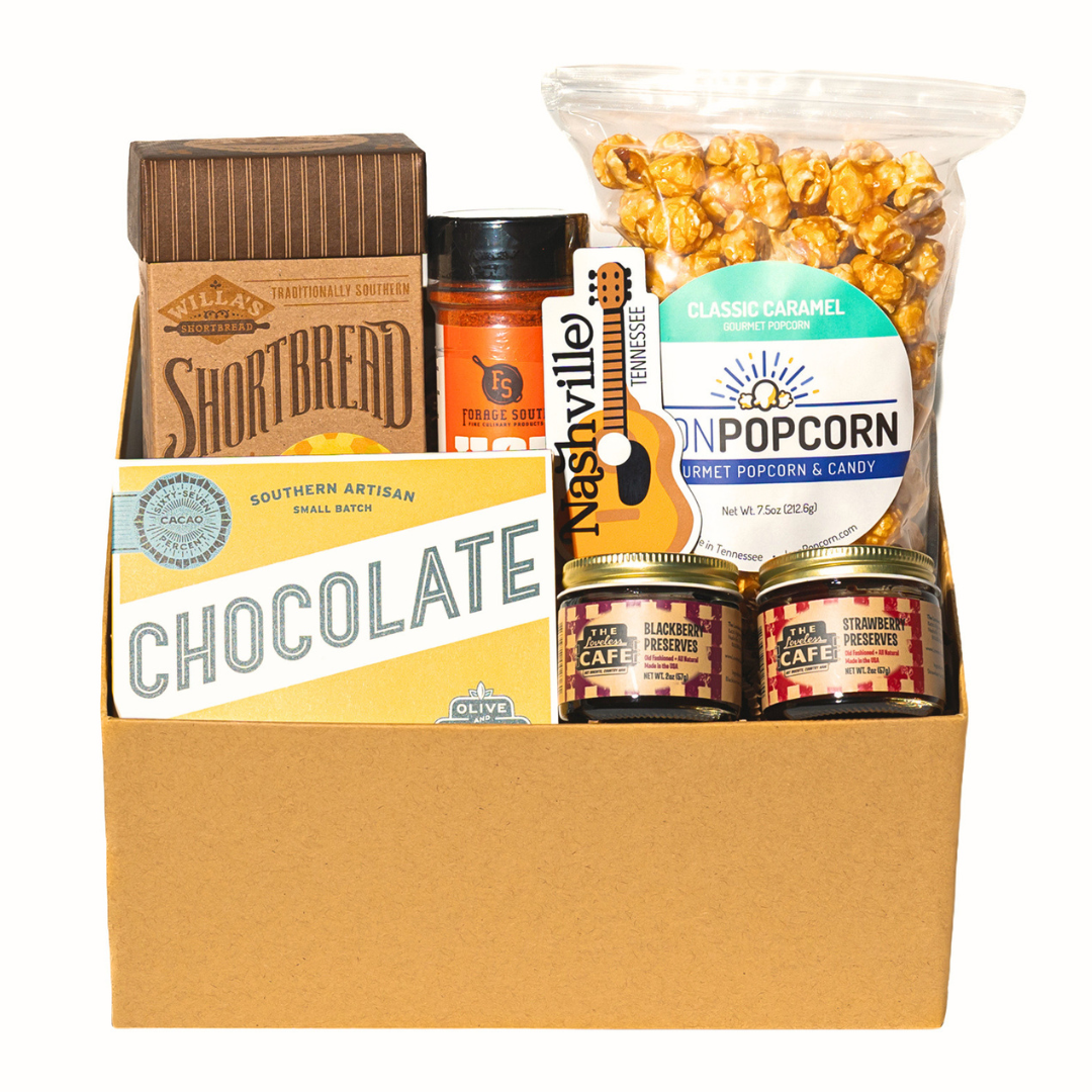 collection of nashville snacks, seasoning, jams and sticker. 