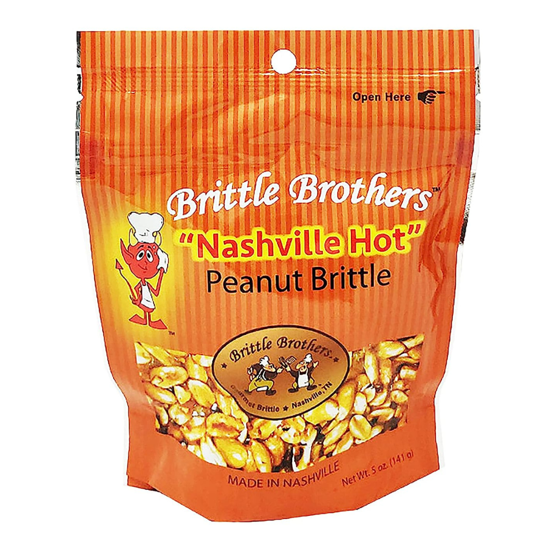Nashville Hot Peanut Brittle in 5 oz orange bag.