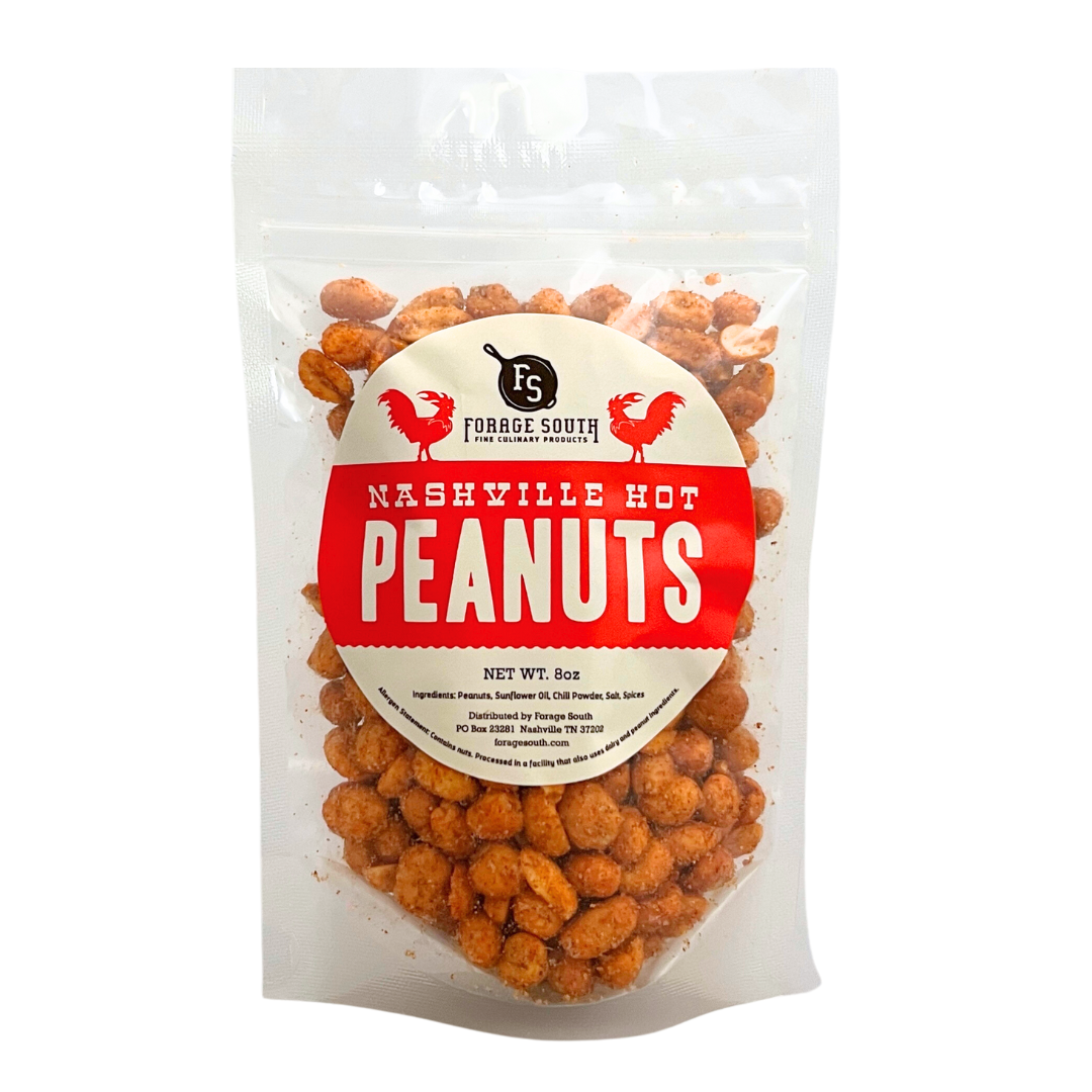 8 oz bag of "nashville hot" peanuts in clear bag. 