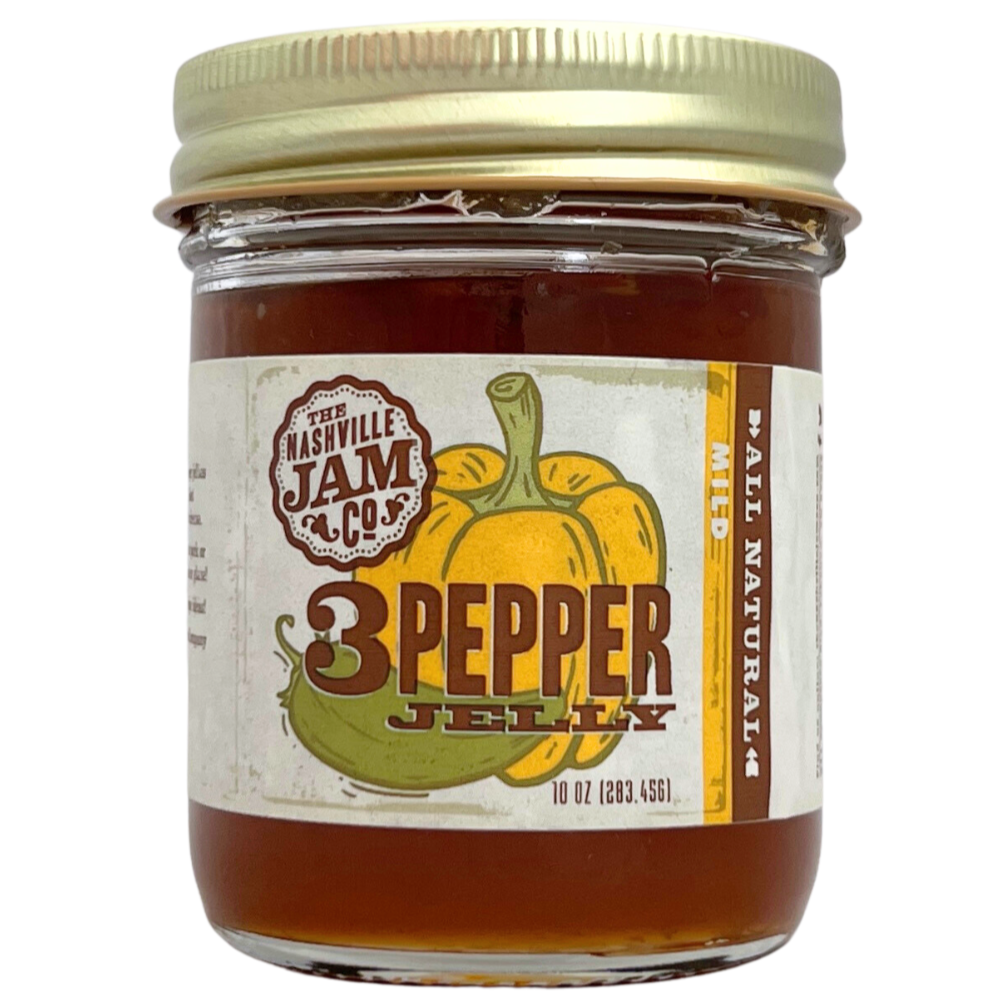 3 Pepper jam in 10 oz clear glass jar with gold lid.