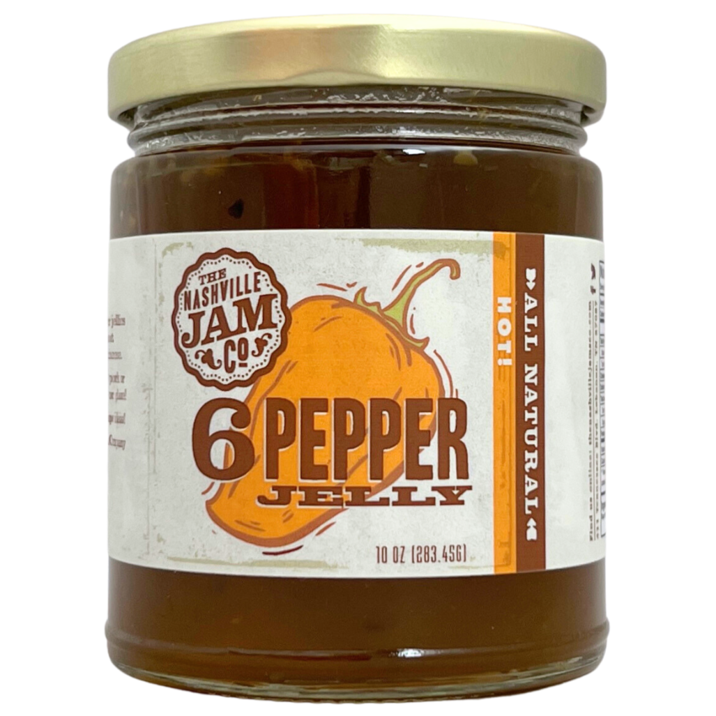 6 Pepper jam in 10 oz clear glass jar with gold lid. 
