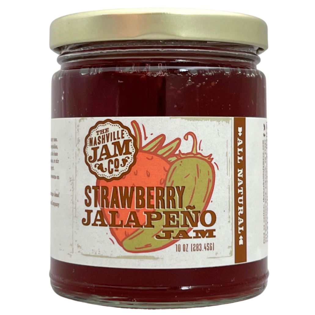 Strawberry Jalapeno jam in 10 oz clear glass jar with gold lid.